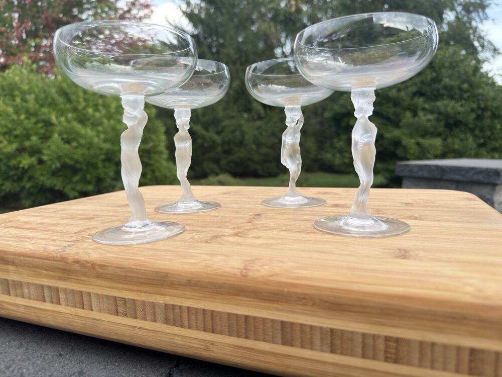 MCM Vintage Crystal Bayel Bacchus Frosted Nude Champagne Coupe Glasses ~4 Pc